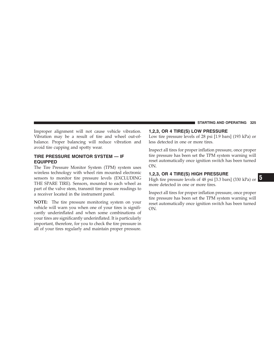 Tire pressure monitor system — if equipped, 1,2,3, or 4 tire(s) low pressure, 1,2,3, or 4 tire(s) high pressure | Dodge 2005 Grand Caravan User Manual | Page 325 / 480