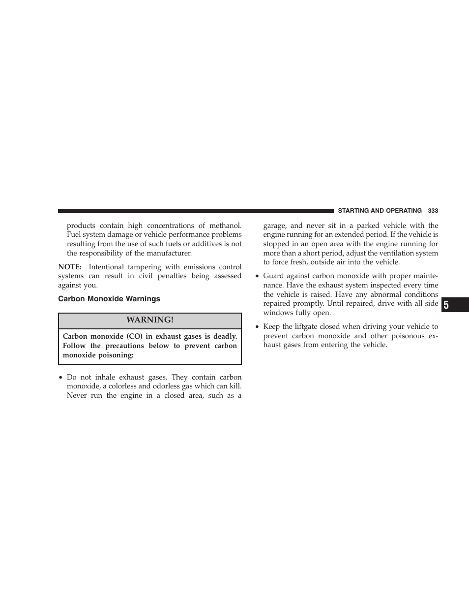 Carbon monoxide warnings | Dodge 2005 Grand Caravan User Manual | Page 333 / 480