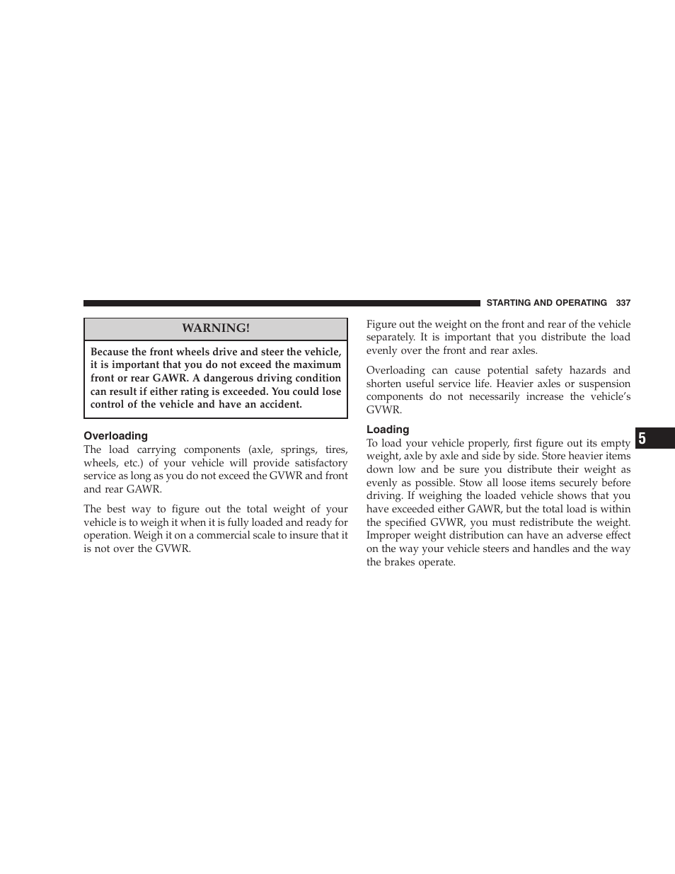 Overloading, Loading | Dodge 2005 Grand Caravan User Manual | Page 337 / 480