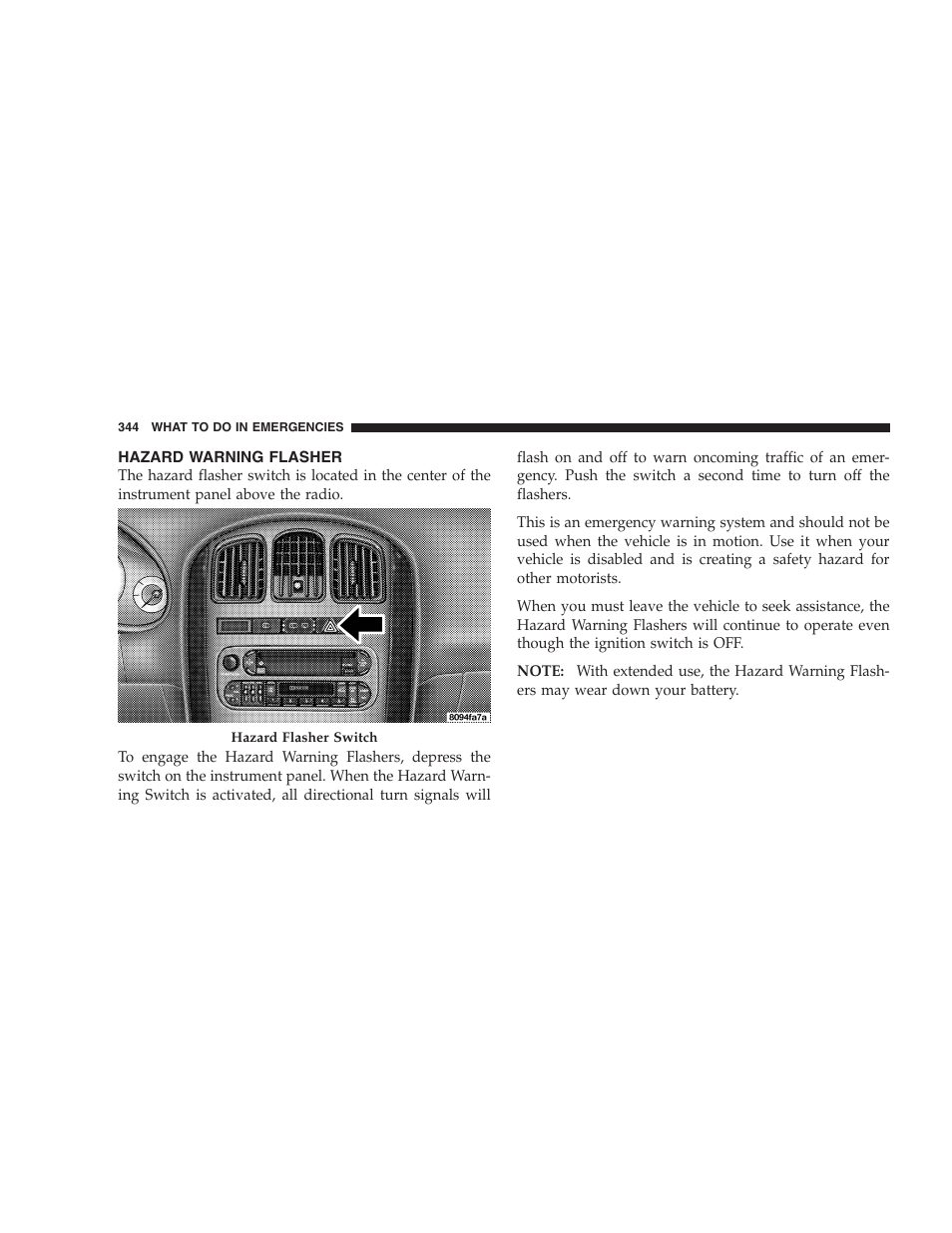 Hazard warning flasher | Dodge 2005 Grand Caravan User Manual | Page 344 / 480