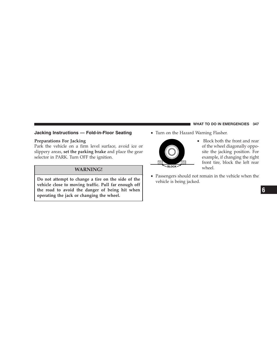 Jacking instructions — fold-in-floor seating | Dodge 2005 Grand Caravan User Manual | Page 347 / 480