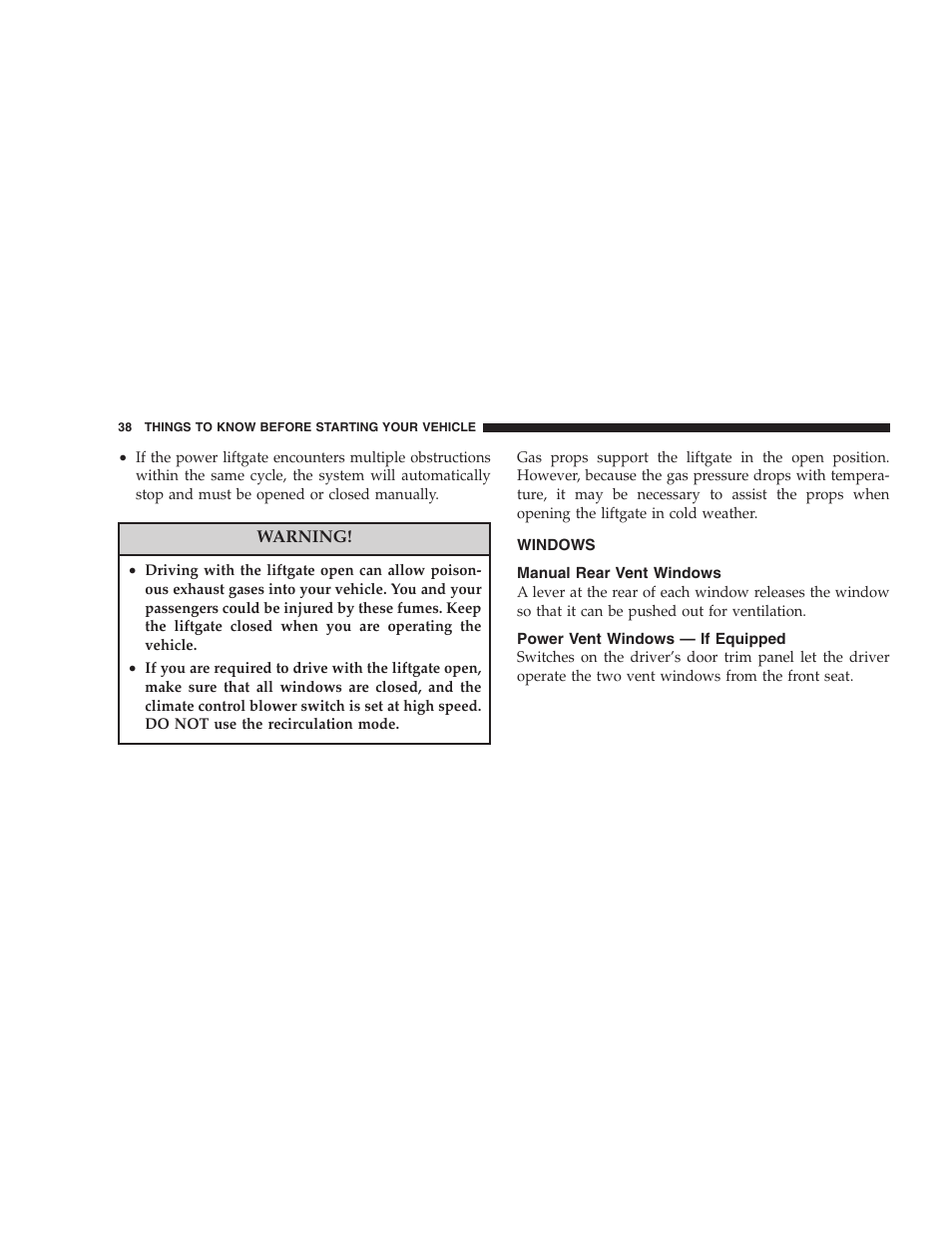 Windows, Manual rear vent windows, Power vent windows — if equipped | Dodge 2005 Grand Caravan User Manual | Page 38 / 480