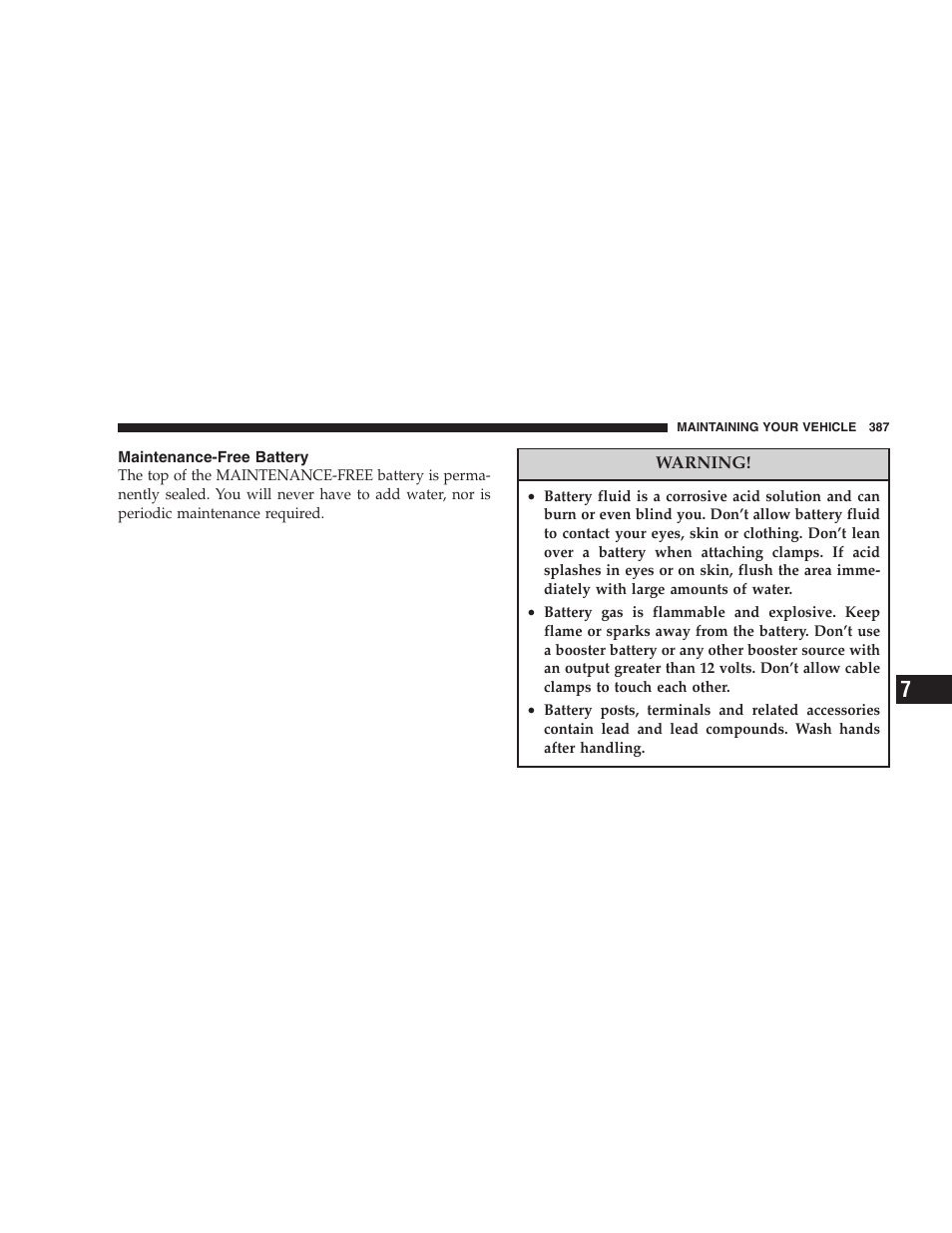 Maintenance-free battery | Dodge 2005 Grand Caravan User Manual | Page 387 / 480