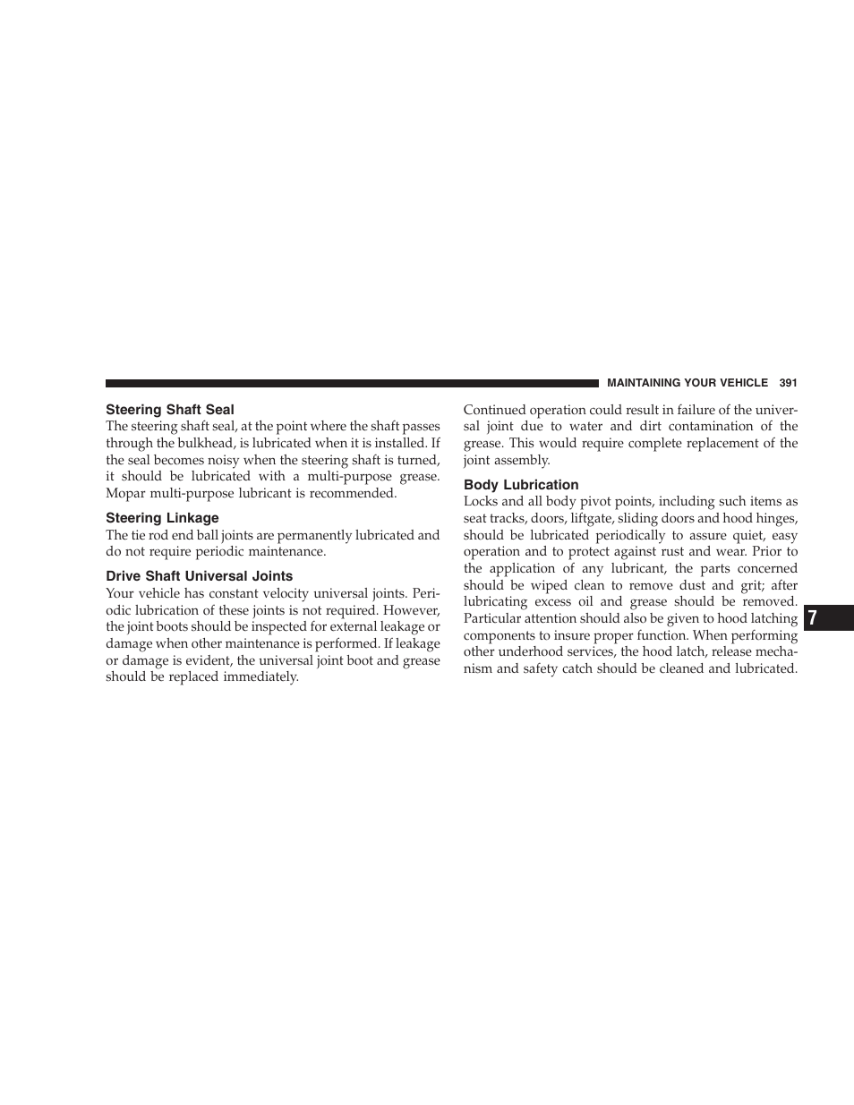 Steering shaft seal, Steering linkage, Drive shaft universal joints | Body lubrication | Dodge 2005 Grand Caravan User Manual | Page 391 / 480