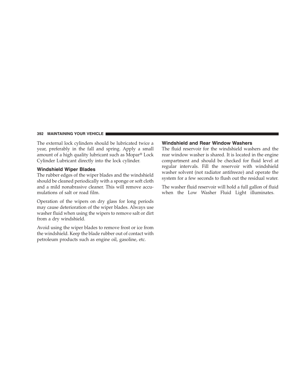 Windshield wiper blades, Windshield and rear window washers | Dodge 2005 Grand Caravan User Manual | Page 392 / 480
