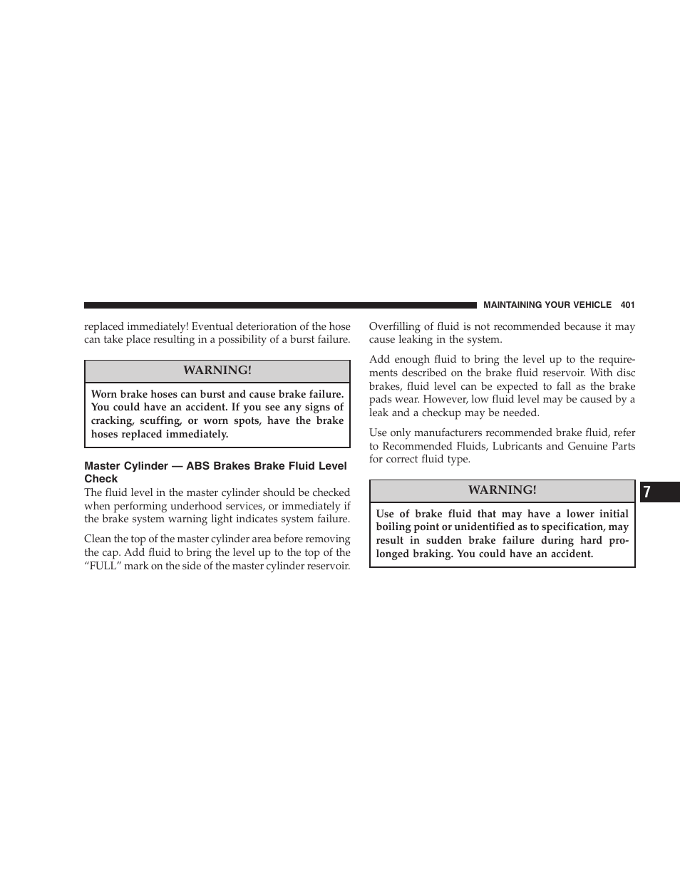 Master cylinder — abs brakes brake, Fluid level check | Dodge 2005 Grand Caravan User Manual | Page 401 / 480