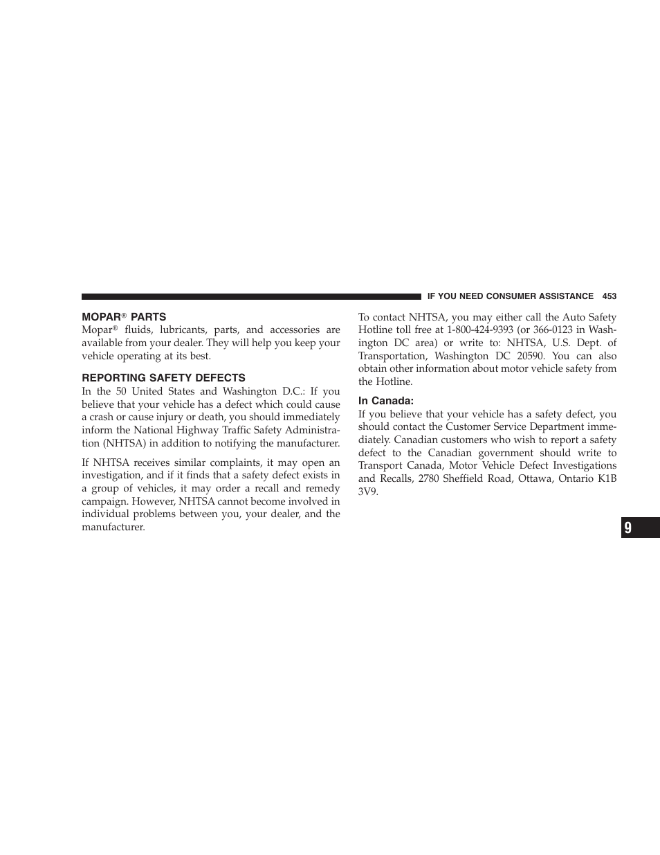 Mopar௡ parts, Reporting safety defects, In canada | Dodge 2005 Grand Caravan User Manual | Page 453 / 480