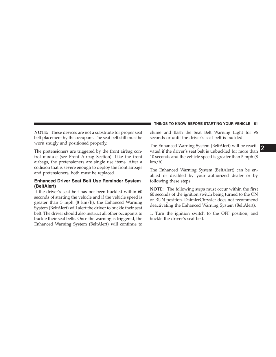 Enhanced driver seat belt use reminder system, Beltalert) | Dodge 2005 Grand Caravan User Manual | Page 51 / 480
