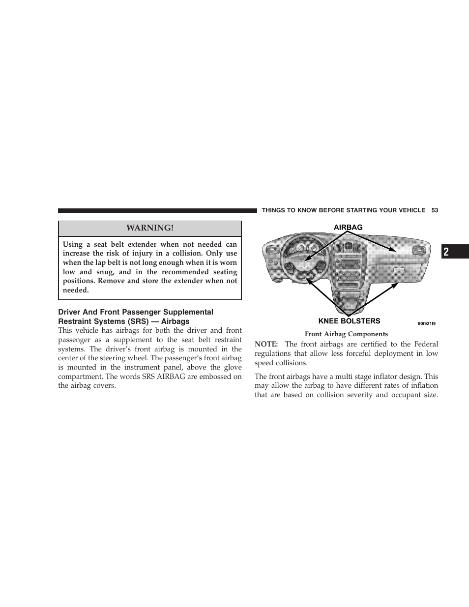 Driver and front passenger supplemental, Restraint systems (srs) — airbags | Dodge 2005 Grand Caravan User Manual | Page 53 / 480