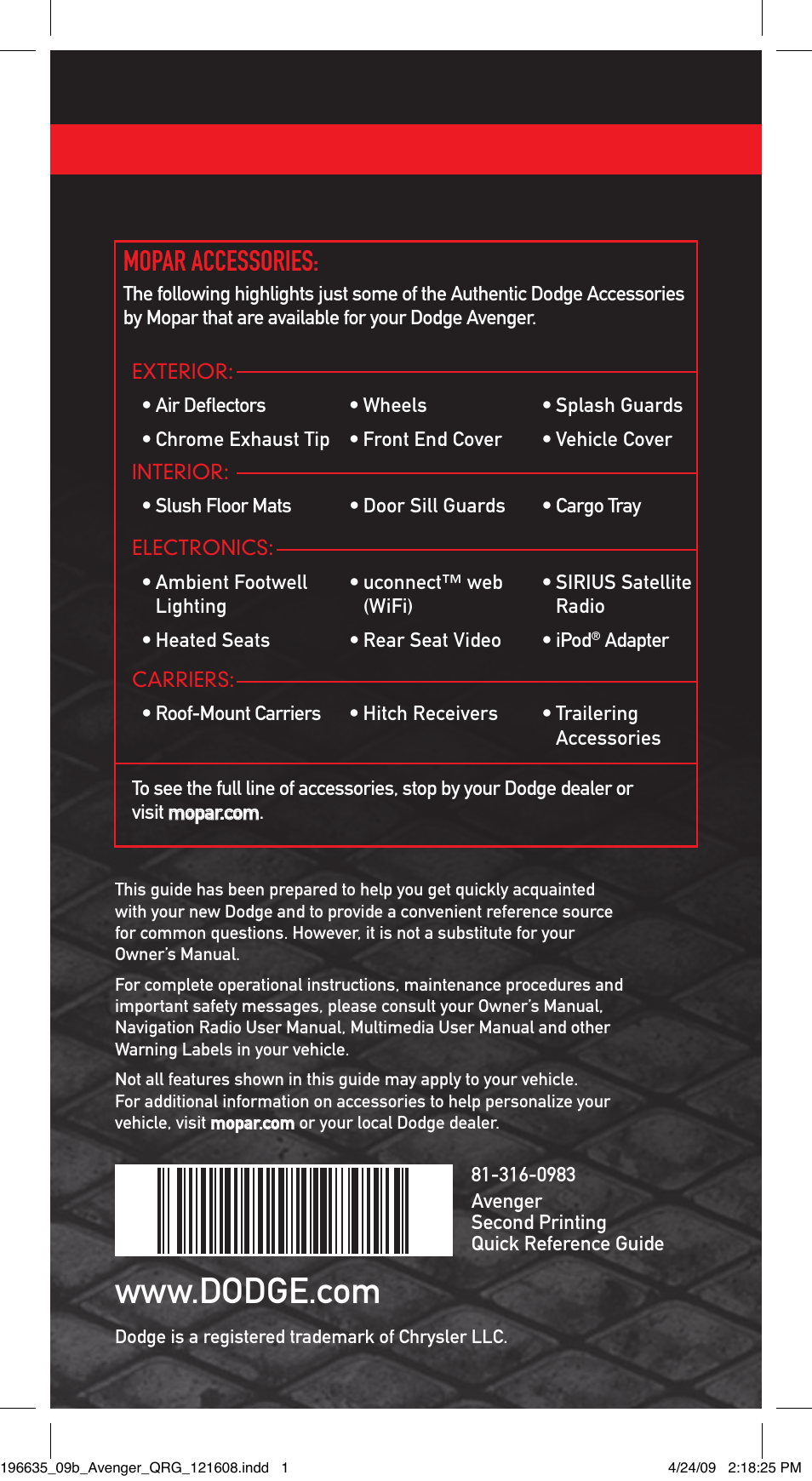 Mopar accessories | Dodge 2009 Avenger Quick Reference Guide User Manual | Page 12 / 12