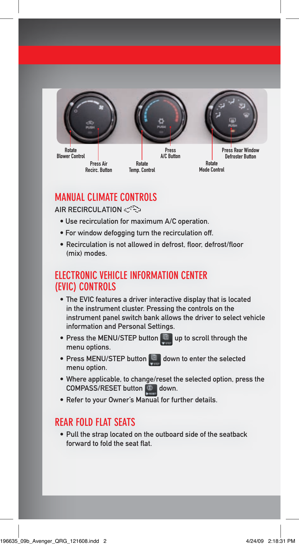 Manual climate controls, Rear fold flat seats | Dodge 2009 Avenger Quick Reference Guide User Manual | Page 2 / 12
