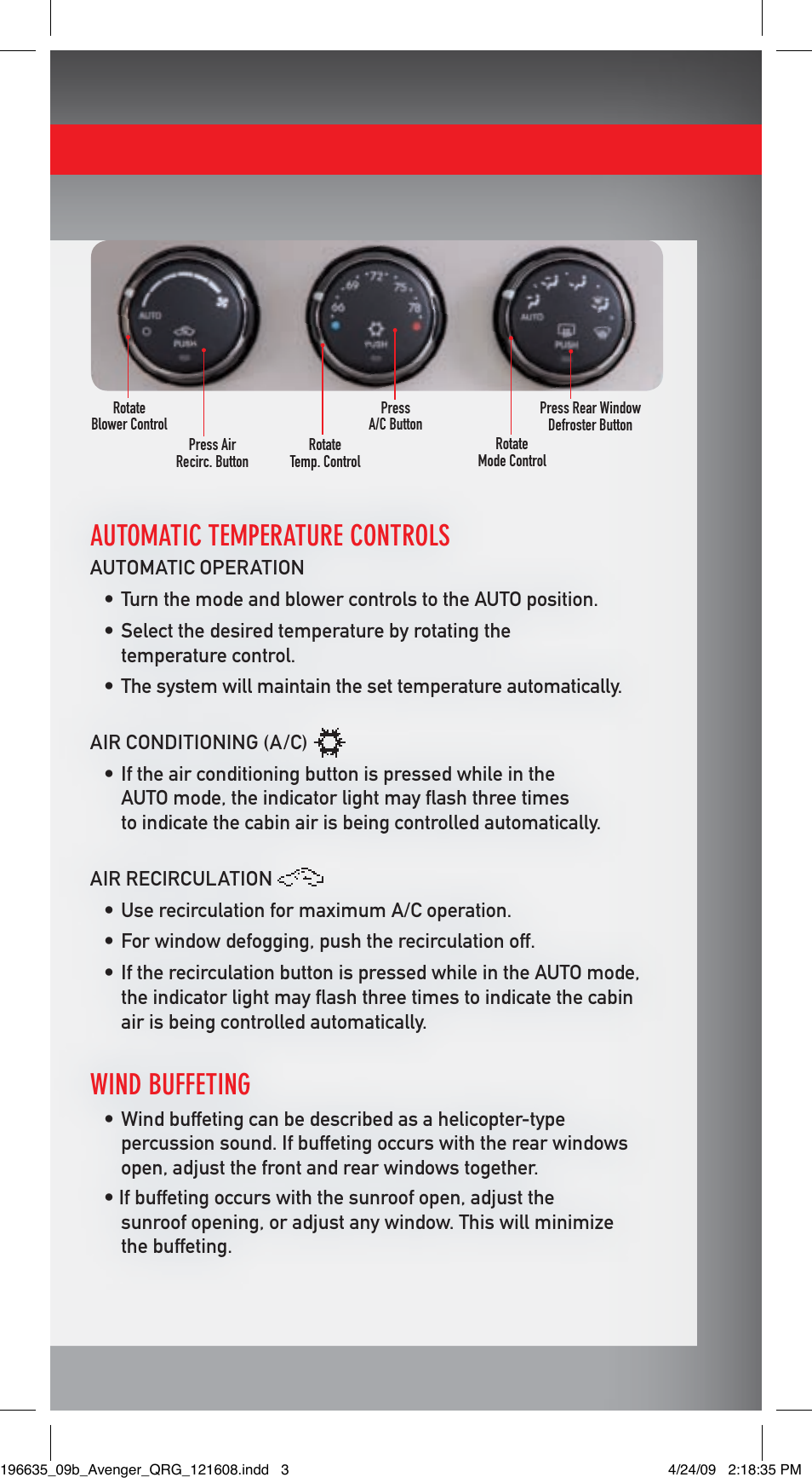 Automatic temperature controls, Wind buffeting | Dodge 2009 Avenger Quick Reference Guide User Manual | Page 3 / 12