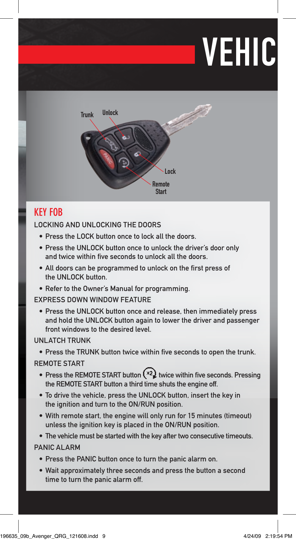 Vehicle features, Instrument panel | Dodge 2009 Avenger Quick Reference Guide User Manual | Page 8 / 12