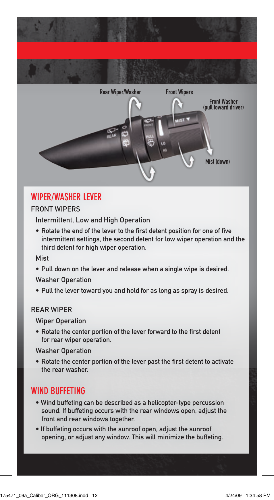 Wiper/washer lever, Wind buffeting | Dodge 2009 Caliber - Quick Reference Guide User Manual | Page 11 / 12