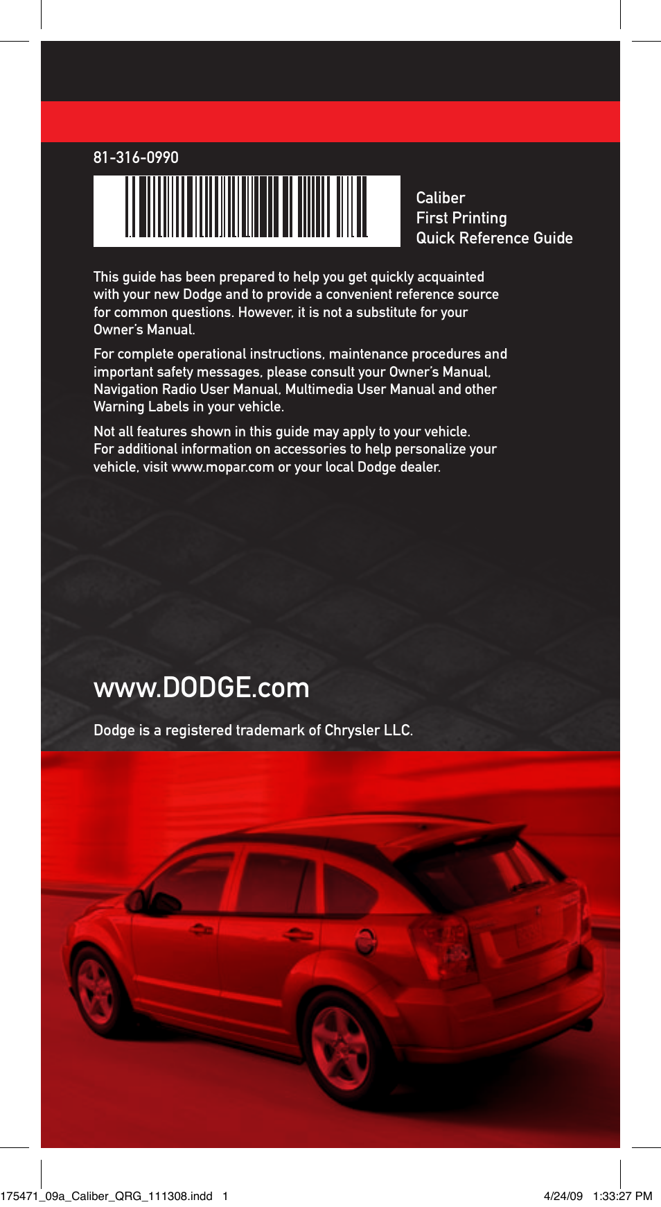 Dodge 2009 Caliber - Quick Reference Guide User Manual | Page 12 / 12