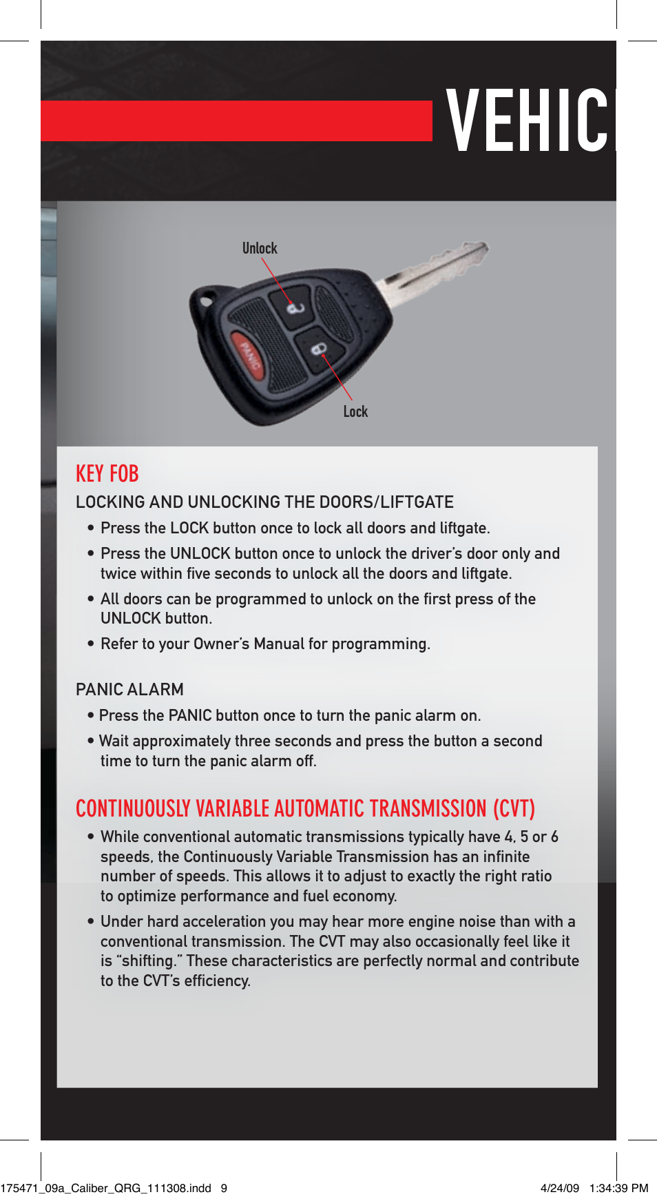 Vehicle features, Key fob, Continuously variable automatic transmission (cvt) | Dodge 2009 Caliber - Quick Reference Guide User Manual | Page 8 / 12