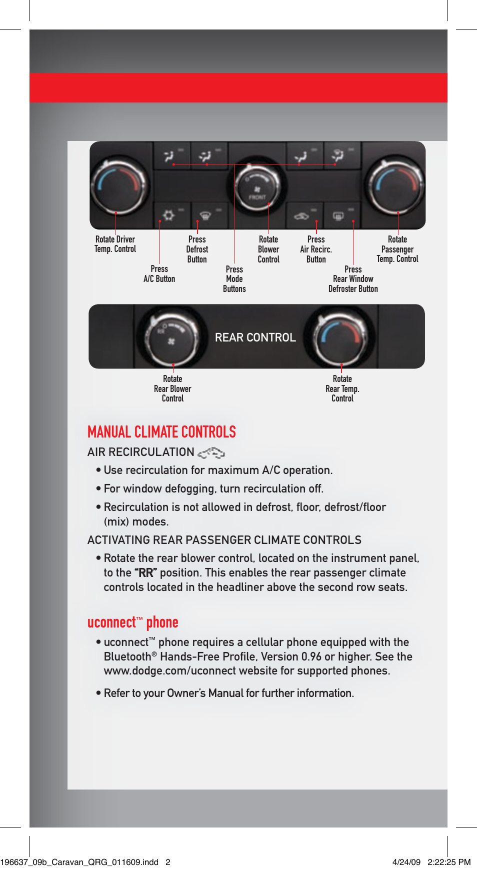 Manual climate controls, Uconnect, Phone | Rear control | Dodge 2009 Grand Caravan - Quick Reference Guide User Manual | Page 2 / 12