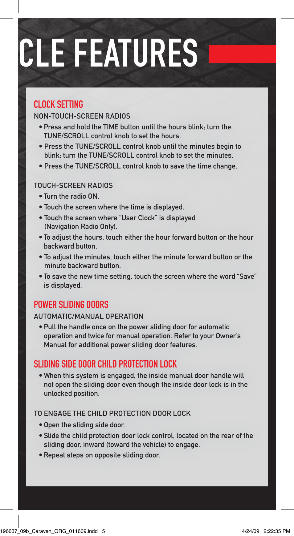 Vehicle features, Clock setting, Power sliding doors | Sliding side door child protection lock | Dodge 2009 Grand Caravan - Quick Reference Guide User Manual | Page 5 / 12