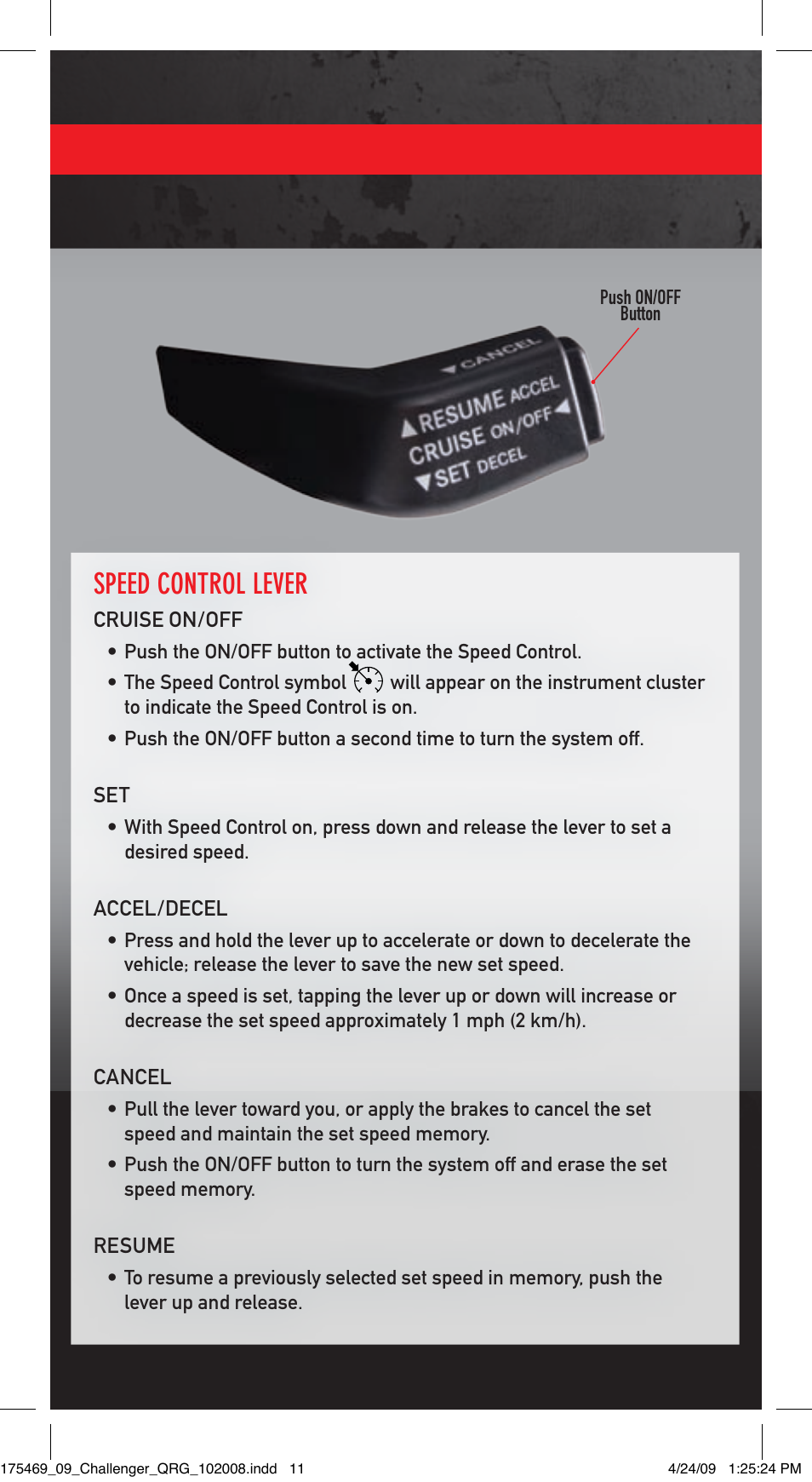 Speed control lever | Dodge 2009 Challenger - Quick Reference Guide User Manual | Page 10 / 12