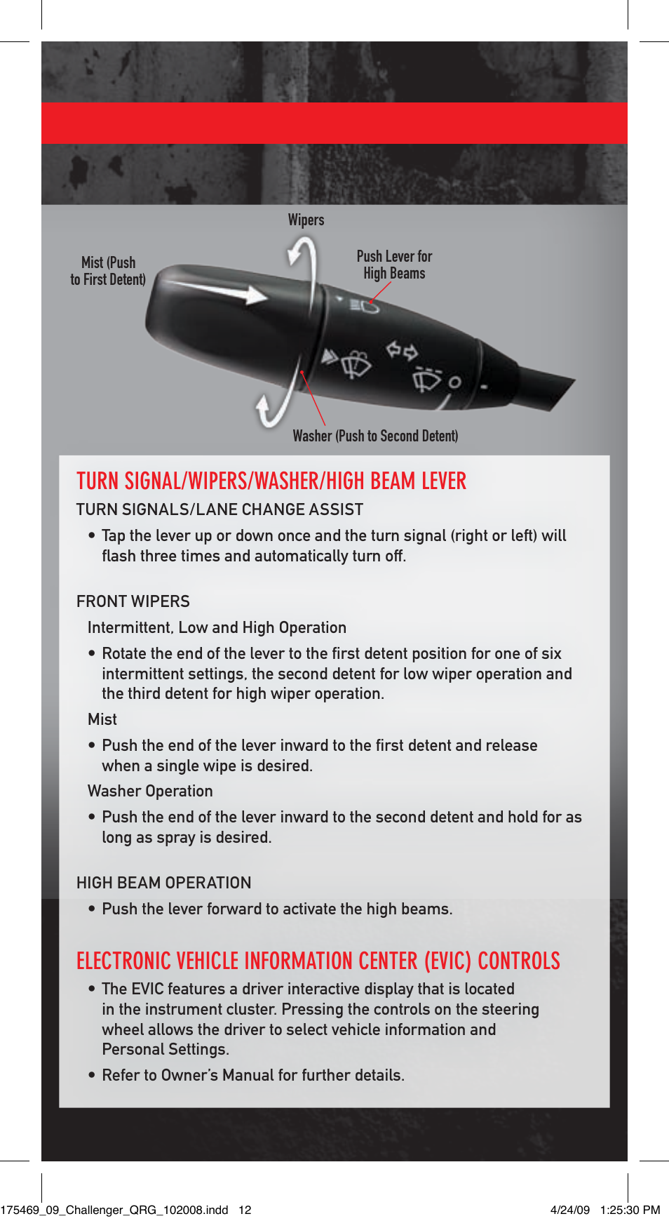 Turn signal/wipers/washer/high beam lever | Dodge 2009 Challenger - Quick Reference Guide User Manual | Page 11 / 12