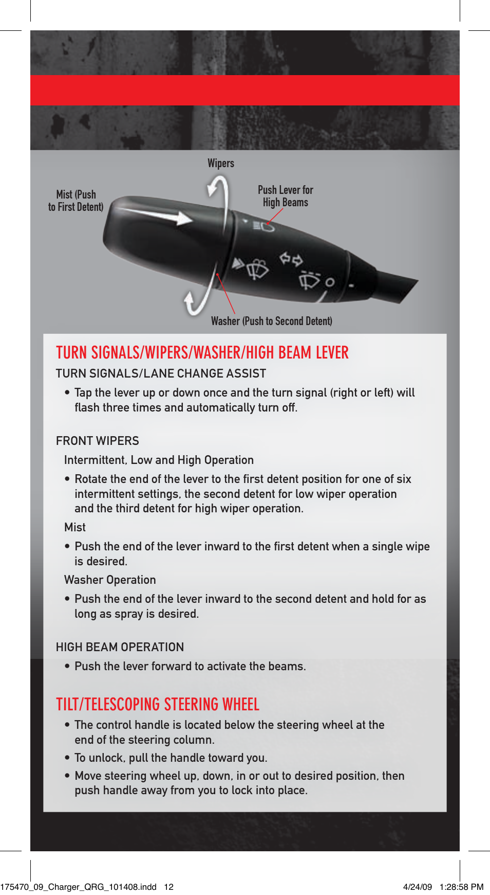 Turn signals/wipers/washer/high beam lever, Tilt/telescoping steering wheel | Dodge 2009 Charger - Quick Reference Guide User Manual | Page 11 / 12