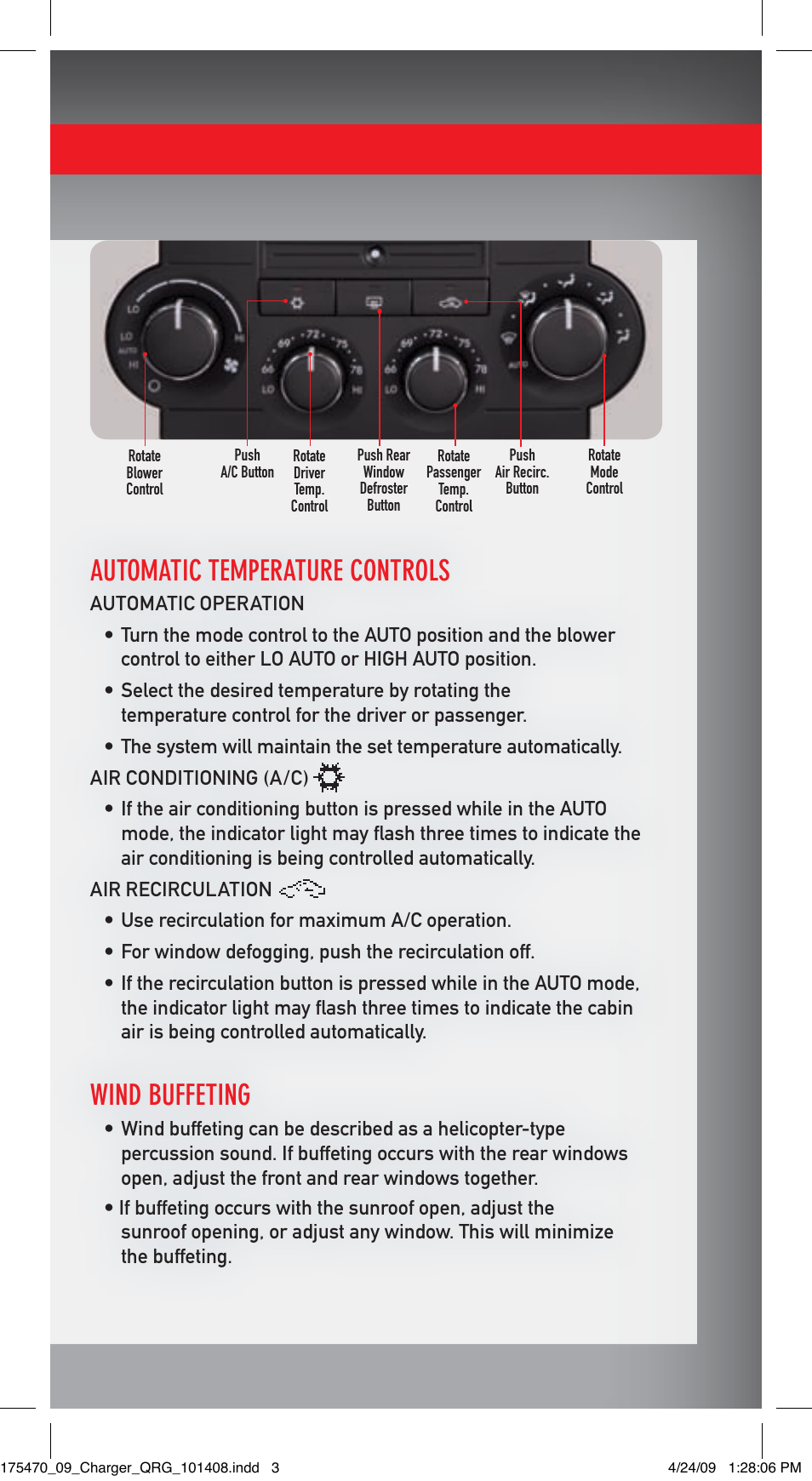 Automatic temperature controls, Wind buffeting | Dodge 2009 Charger - Quick Reference Guide User Manual | Page 3 / 12