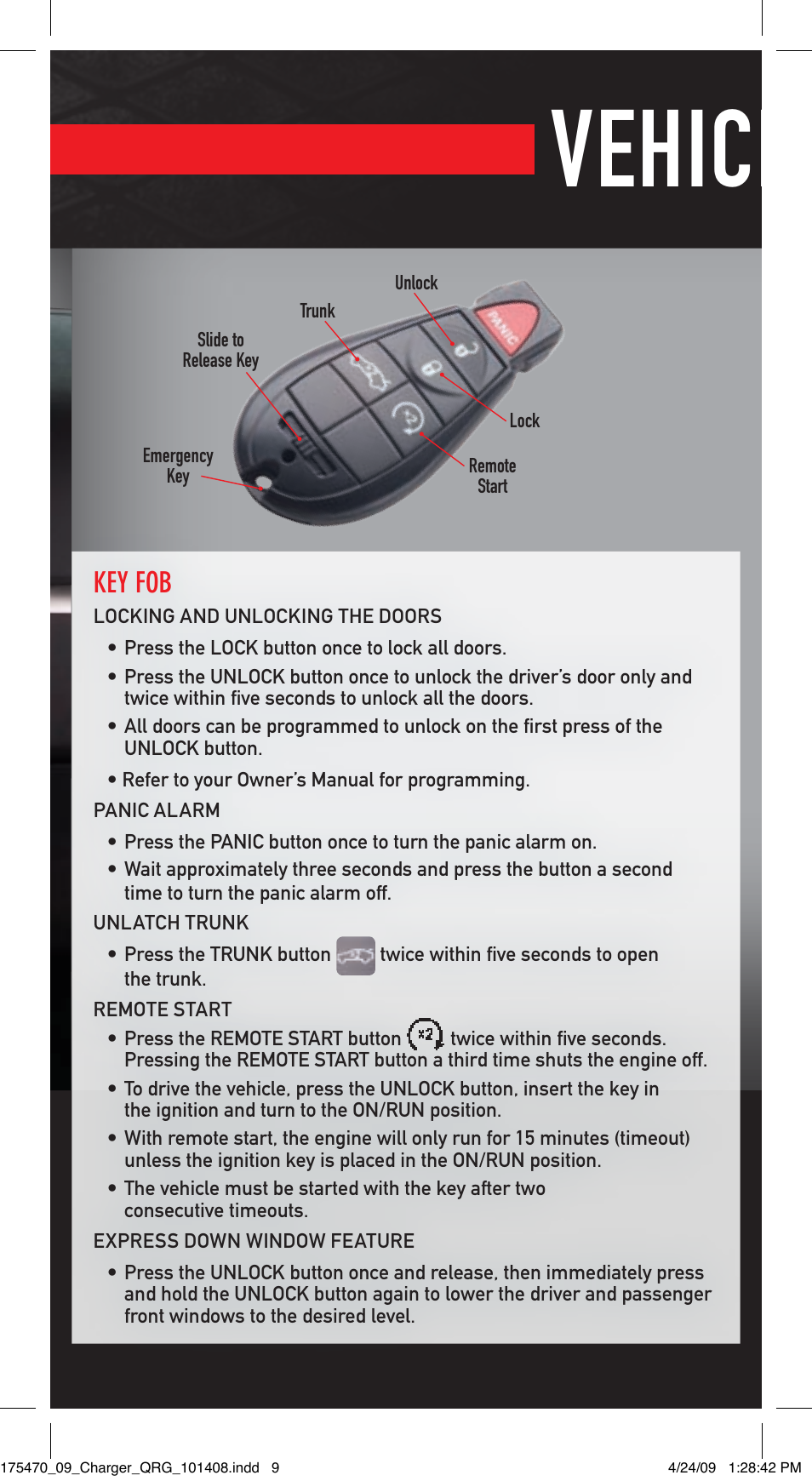 Vehicle features, Instrument panel, Key fob | Dodge 2009 Charger - Quick Reference Guide User Manual | Page 8 / 12