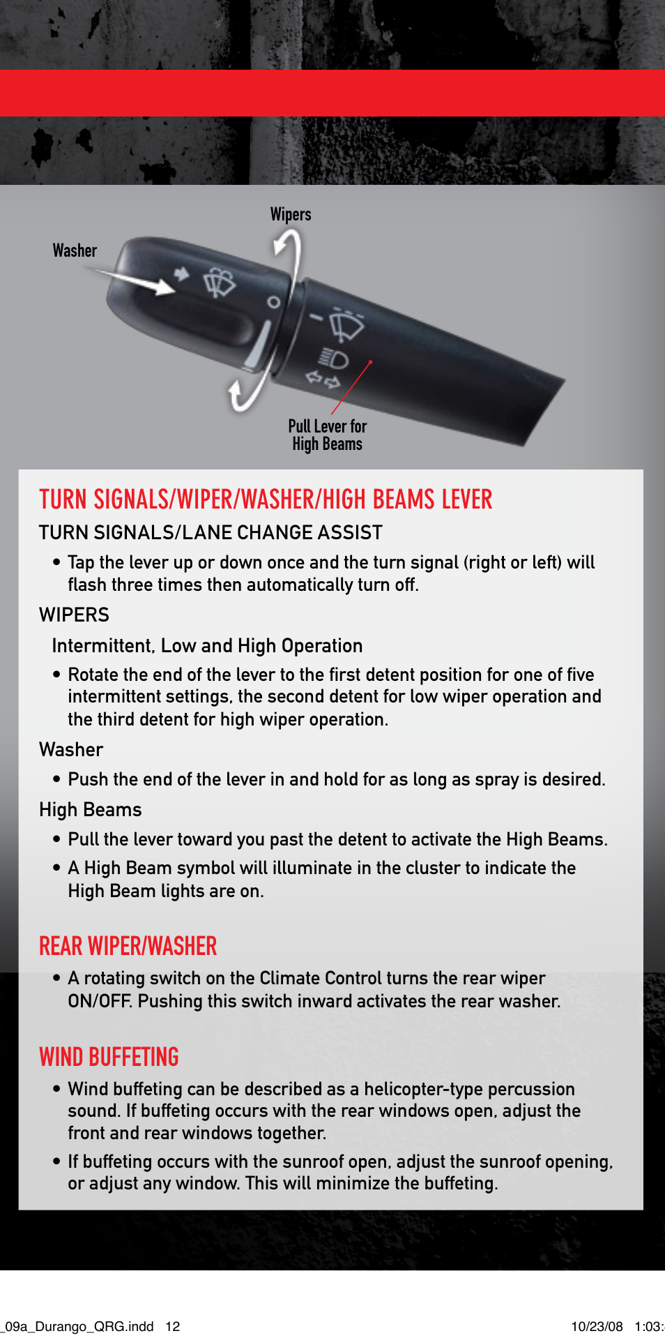 Turn signals/wiper/washer/high beams lever, Rear wiper/washer, Wind buffeting | Dodge 2009 Durango - Quick Reference Guide User Manual | Page 11 / 12