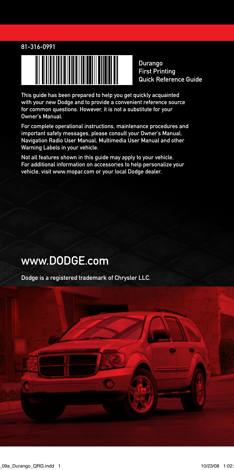 Dodge 2009 Durango - Quick Reference Guide User Manual | Page 12 / 12