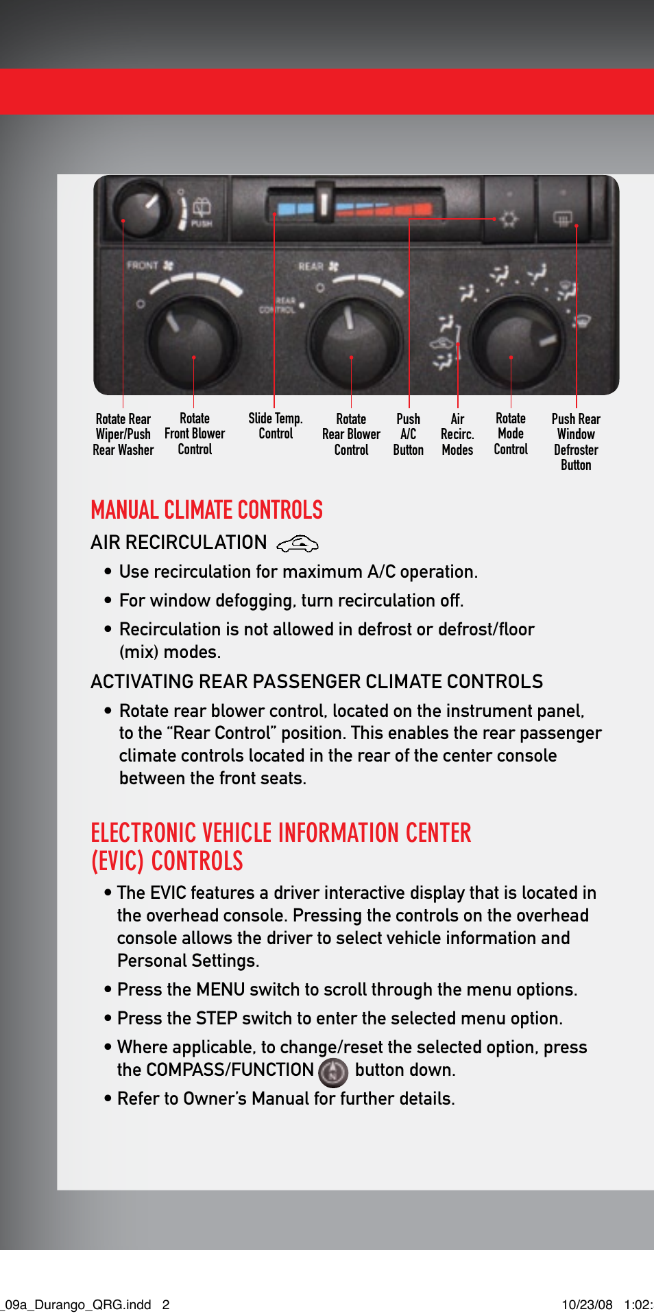 Manual climate controls, Air recirculation, Activating rear passenger climate controls | Dodge 2009 Durango - Quick Reference Guide User Manual | Page 2 / 12