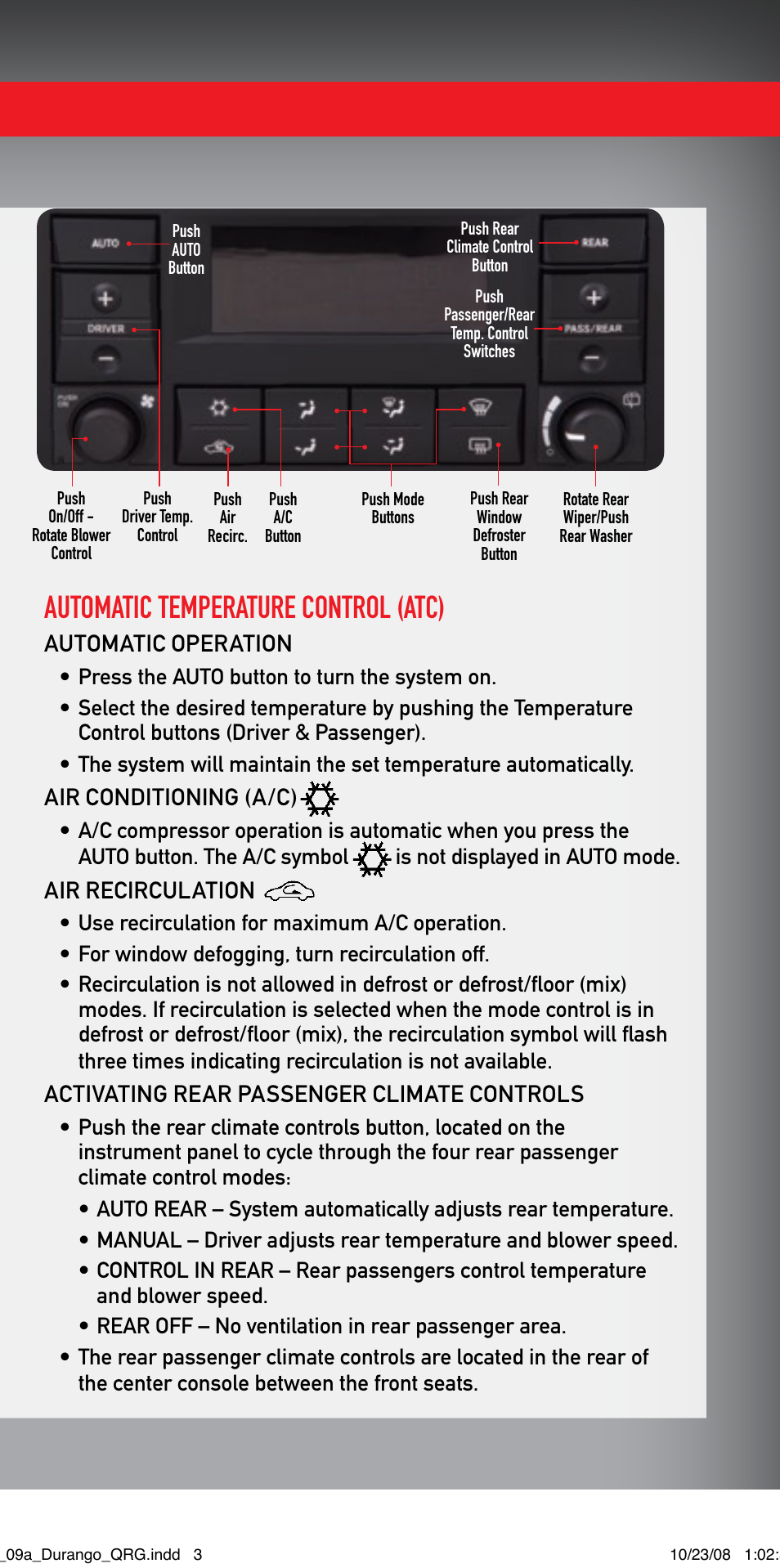 Automatic temperature control (atc), Automatic operation, Air conditioning (a/c) | Air recirculation, Activating rear passenger climate controls | Dodge 2009 Durango - Quick Reference Guide User Manual | Page 3 / 12