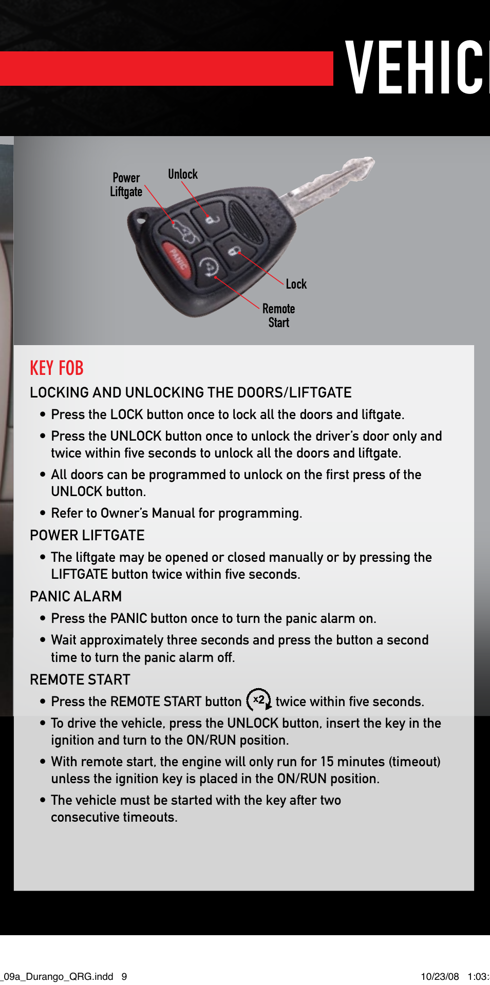 Vehicle features, Key fob | Dodge 2009 Durango - Quick Reference Guide User Manual | Page 8 / 12