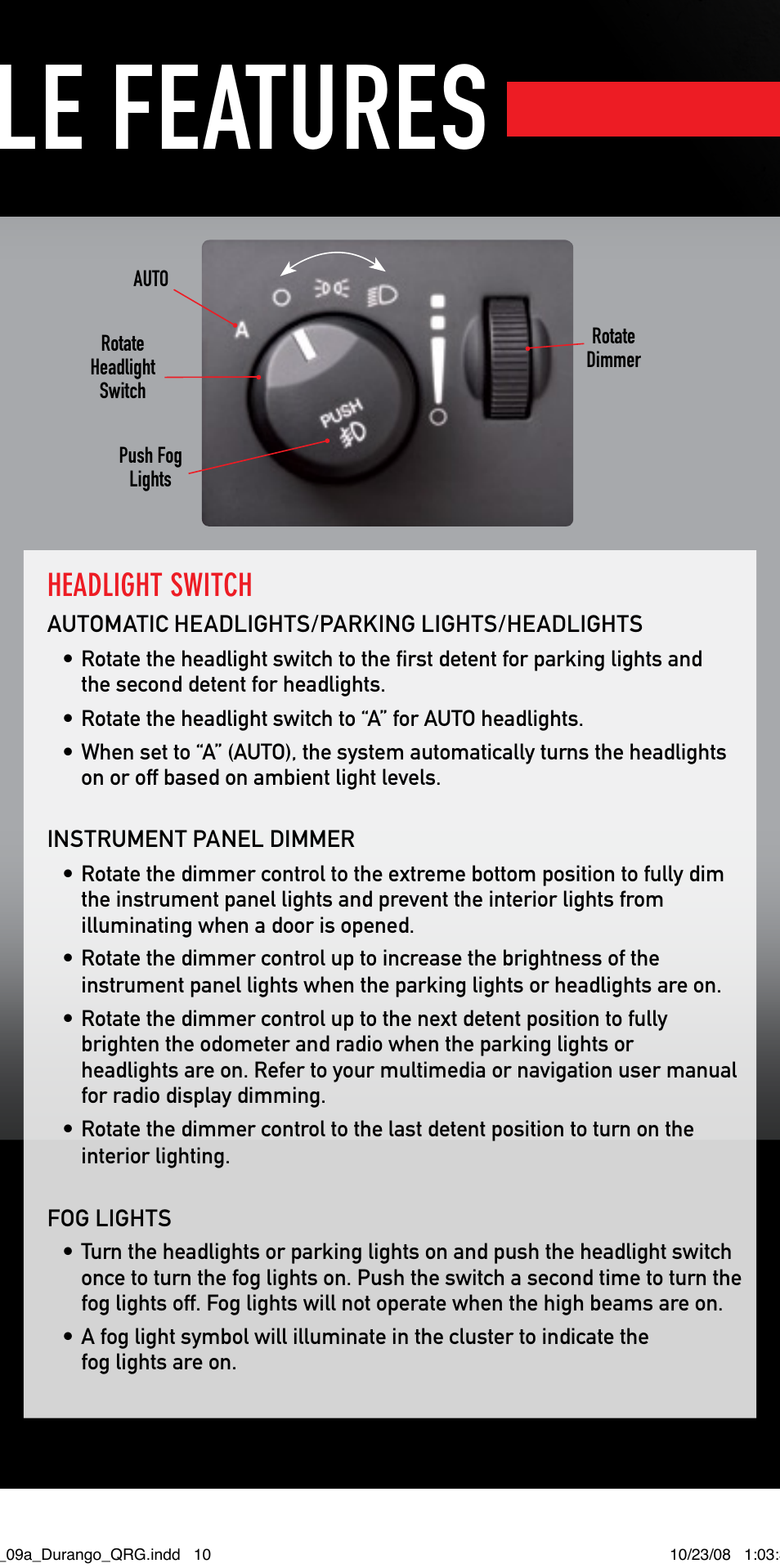 Vehicle features, Headlight switch | Dodge 2009 Durango - Quick Reference Guide User Manual | Page 9 / 12