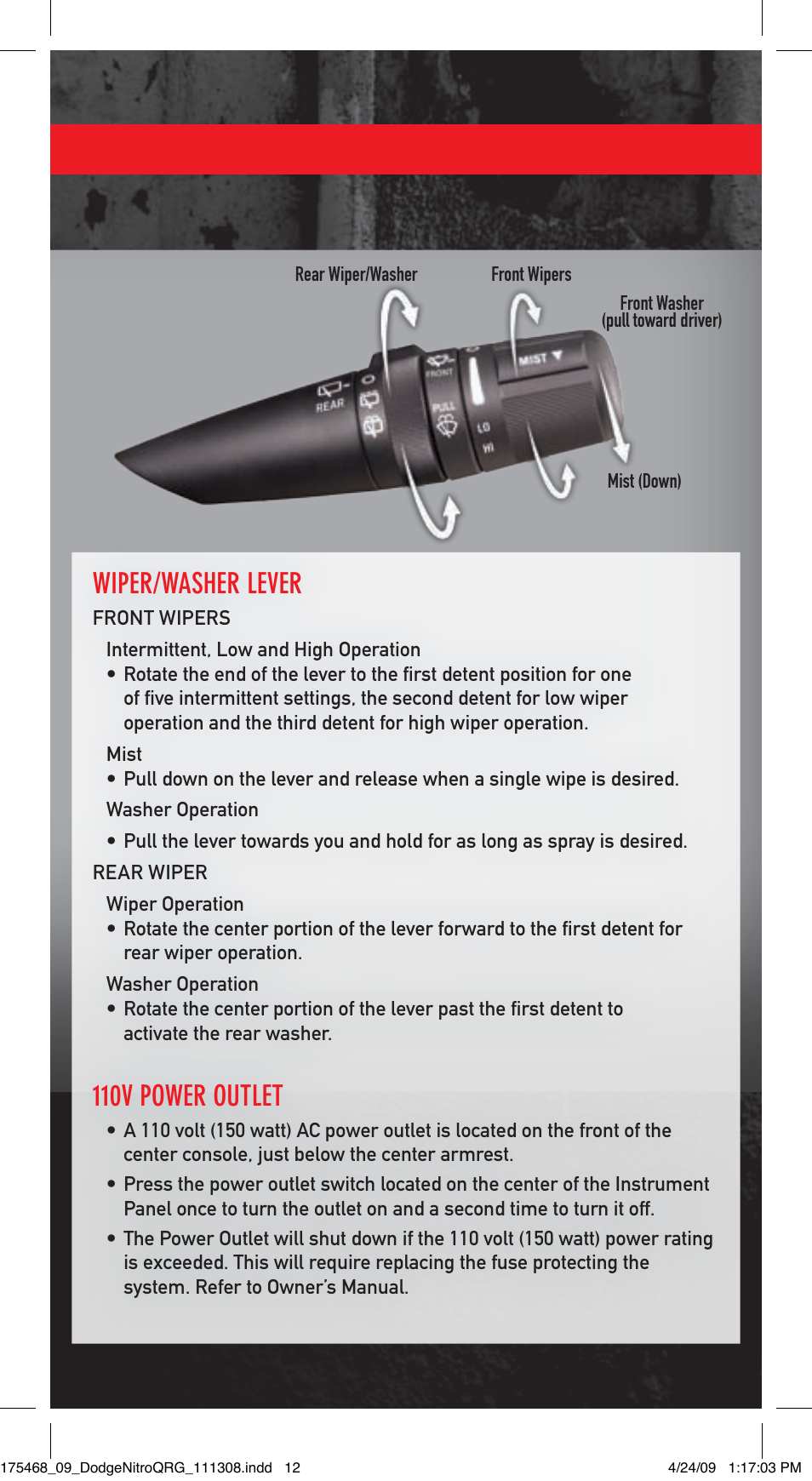 Wiper/washer lever, 110v power outlet | Dodge 2009 Nitro - Quick Reference Guide User Manual | Page 11 / 12