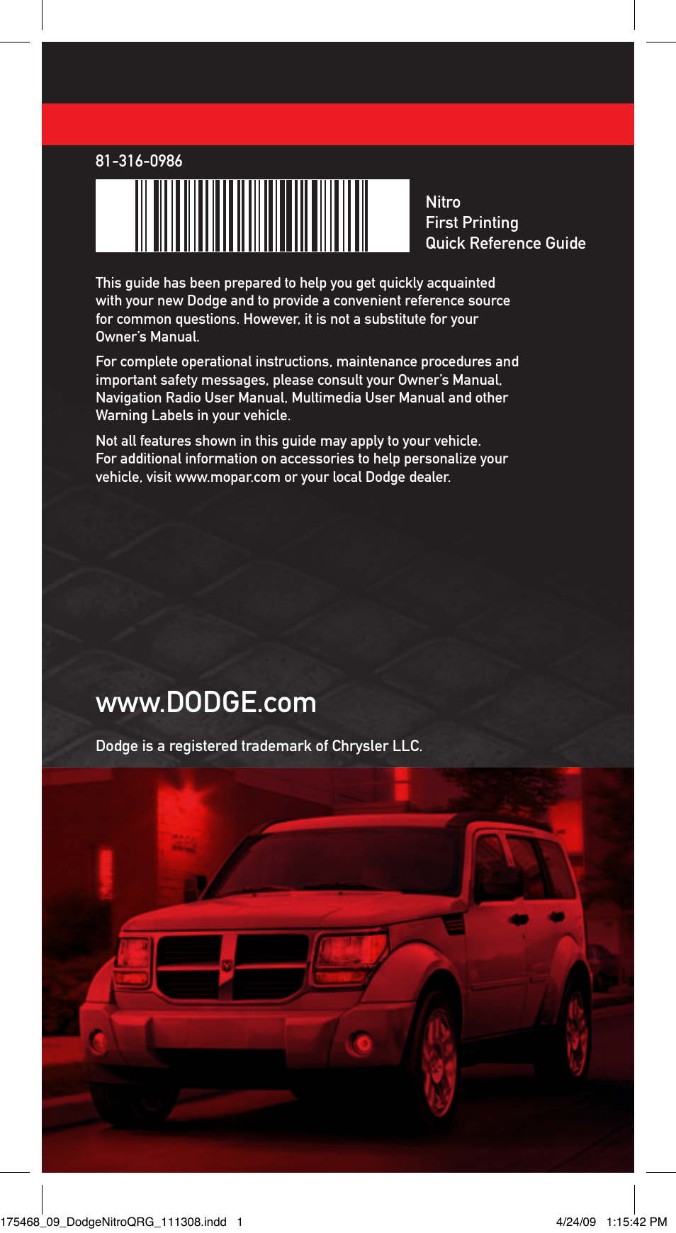 Dodge 2009 Nitro - Quick Reference Guide User Manual | Page 12 / 12