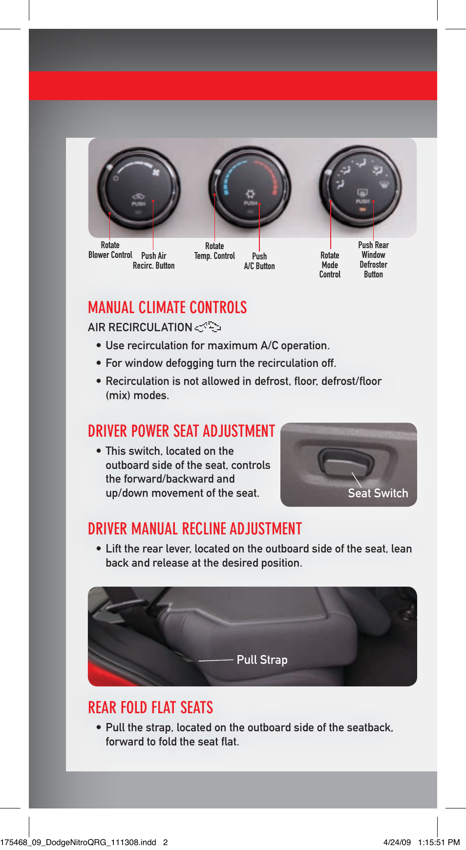 Manual climate controls, Driver power seat adjustment, Driver manual recline adjustment | Rear fold flat seats | Dodge 2009 Nitro - Quick Reference Guide User Manual | Page 2 / 12