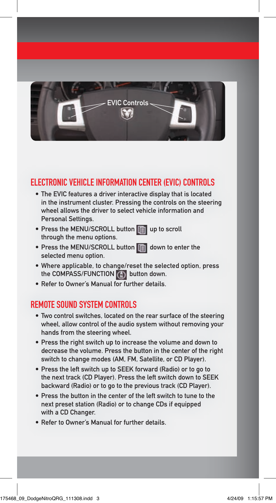 Remote sound system controls | Dodge 2009 Nitro - Quick Reference Guide User Manual | Page 3 / 12