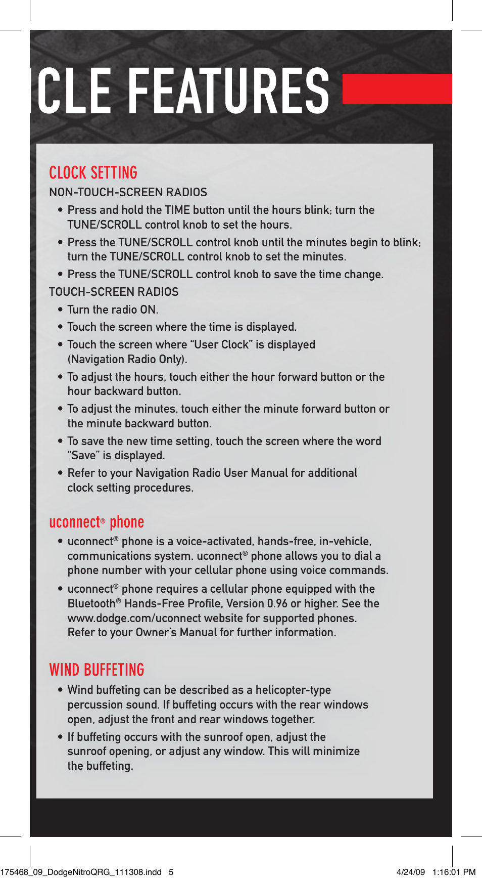 Vehicle features, Clock setting, Uconnect | Phone, Wind buffeting | Dodge 2009 Nitro - Quick Reference Guide User Manual | Page 5 / 12