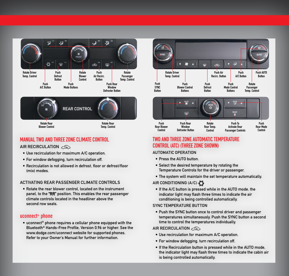 Manual two and three zone climate control, Uconnect, Phone | Dodge 2009 Journey - Quick Reference Guide User Manual | Page 5 / 6