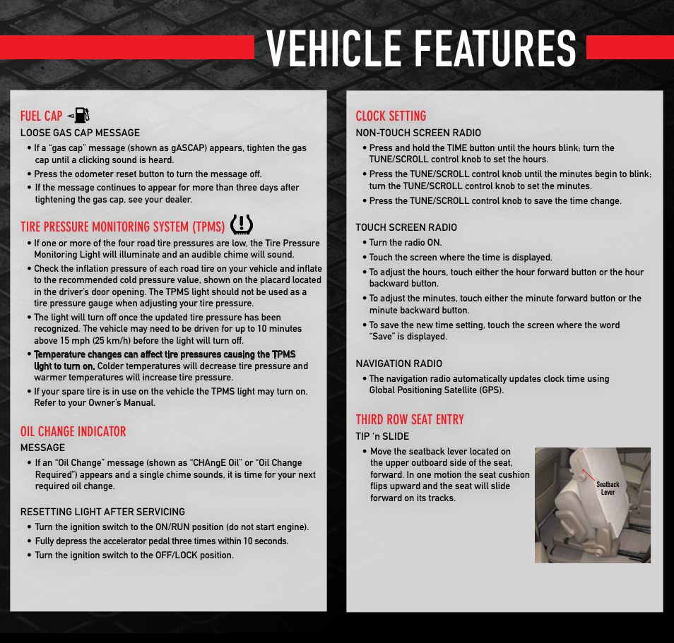 Vehicle features, Clock setting, Third row seat entry | Fuel cap, Tire pressure monitoring system (tpms), Oil change indicator | Dodge 2009 Journey - Quick Reference Guide User Manual | Page 6 / 6