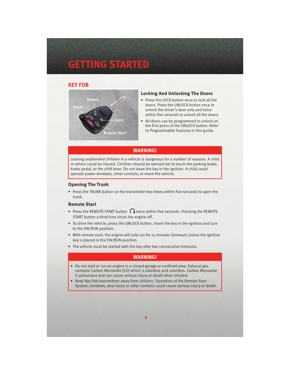 Getting started, Key fob, Locking and unlocking the doors | Opening the trunk, Remote start | Dodge 2010 Avenger - Quick Reference Guide User Manual | Page 10 / 76