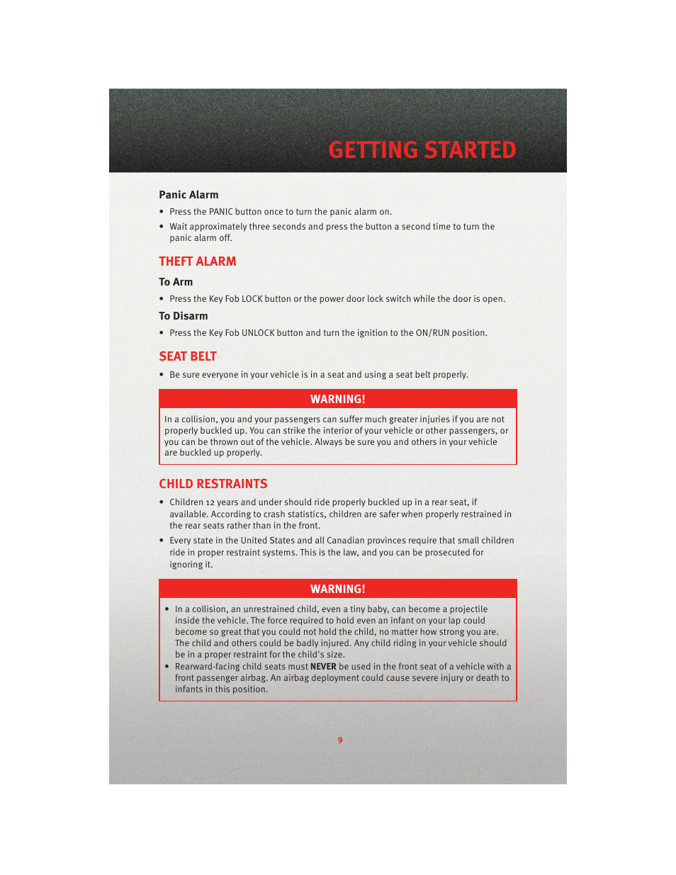 Panic alarm, Theft alarm, To arm | To disarm, Seat belt, Child restraints, Getting started | Dodge 2010 Avenger - Quick Reference Guide User Manual | Page 11 / 76