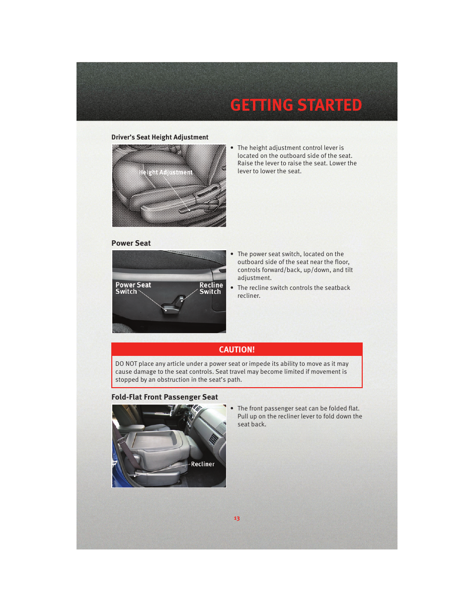 Power seat, Fold-flat front passenger seat, Getting started | Dodge 2010 Avenger - Quick Reference Guide User Manual | Page 15 / 76