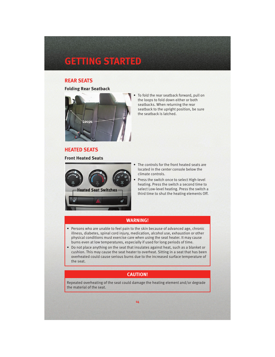Rear seats, Folding rear seatback, Heated seats | Front heated seats, Getting started | Dodge 2010 Avenger - Quick Reference Guide User Manual | Page 16 / 76