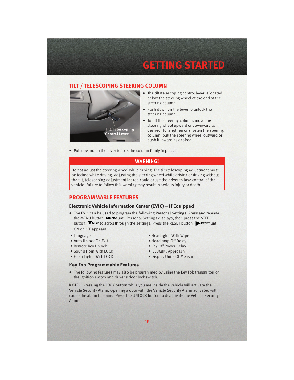 Tilt / telescoping steering column, Programmable features, Key fob programmable features | Getting started | Dodge 2010 Avenger - Quick Reference Guide User Manual | Page 17 / 76