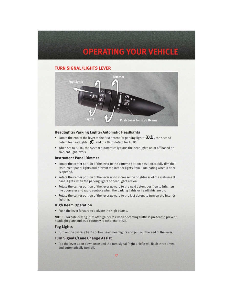 Operating your vehicle, Turn signal/lights lever, Headlights/parking lights/automatic headlights | Instrument panel dimmer, High beam operation, Fog lights, Turn signals/lane change assist | Dodge 2010 Avenger - Quick Reference Guide User Manual | Page 19 / 76