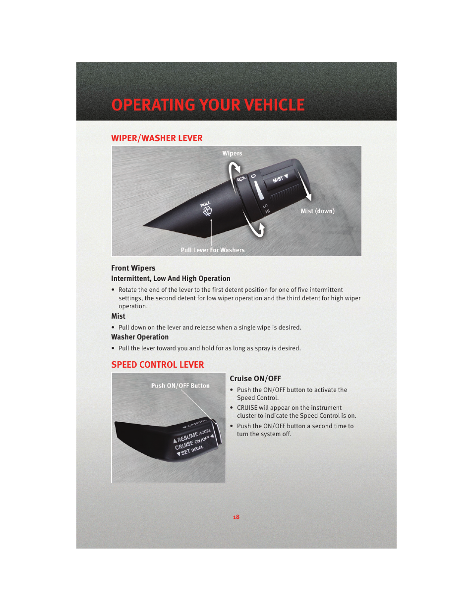 Wiper/washer lever, Front wipers, Speed control lever | Cruise on/off, Operating your vehicle | Dodge 2010 Avenger - Quick Reference Guide User Manual | Page 20 / 76