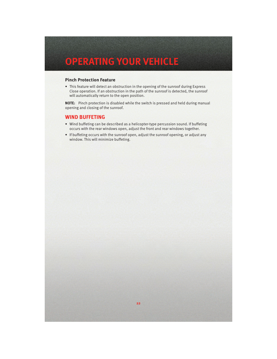 Pinch protection feature, Wind buffeting, Operating your vehicle | Dodge 2010 Avenger - Quick Reference Guide User Manual | Page 24 / 76