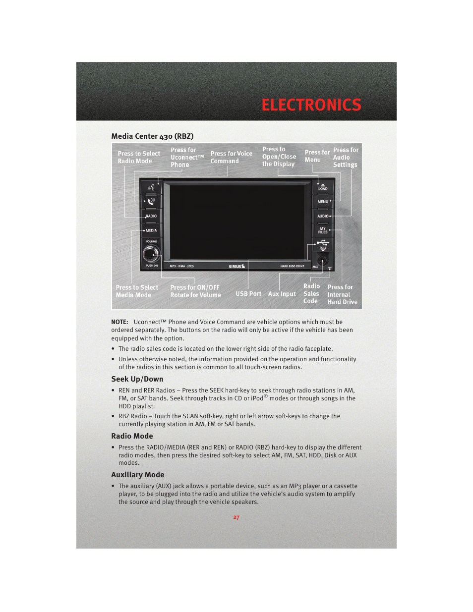 Media center 430 (rbz), Seek up/down, Radio mode | Auxiliary mode, Electronics | Dodge 2010 Avenger - Quick Reference Guide User Manual | Page 29 / 76