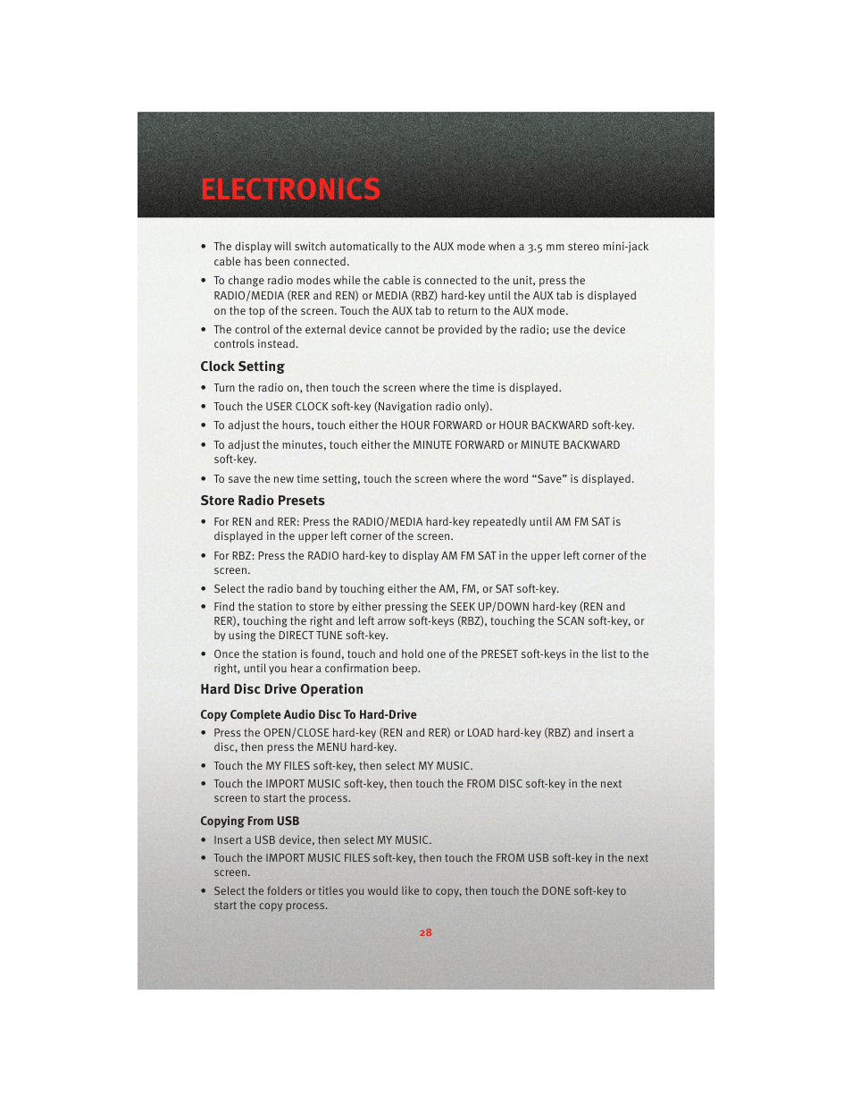 Clock setting, Store radio presets, Hard disc drive operation | Electronics | Dodge 2010 Avenger - Quick Reference Guide User Manual | Page 30 / 76